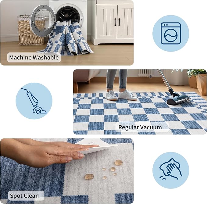 GarveeHome Dark Blue Checkered Rug 2x3 Washable Rug Non-Slip for Entryway, Soft Low-Pile Small Area Rugs,Neutral Modern Geometric Rugs for Kitchen