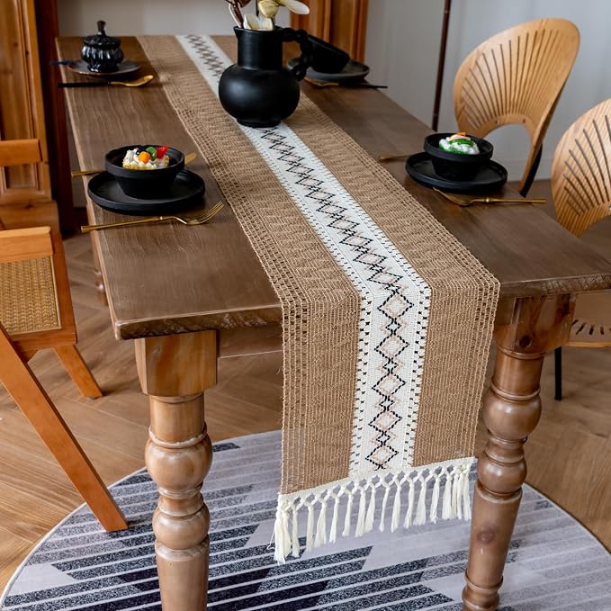 EMMTEEY Macrame Table Runner Boho Style - Scratch & Heat Resistant, Hexagonal Grid Cotton Linen Table Runner with Tassels for Home Decor/Bedroom (12"X72", Brown White)