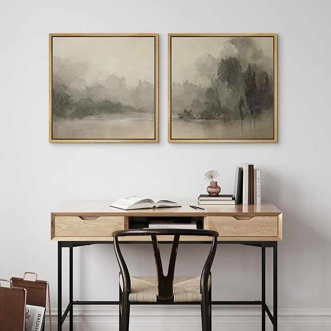 SIGNFORD Framed Canvas Print Wall Art Set Mystic River Fog Waterfront Nature Illustrations Modern Art Minimal Relax/Calm for Living Room, Bedroom, Office - 24"x24"x2 Natural