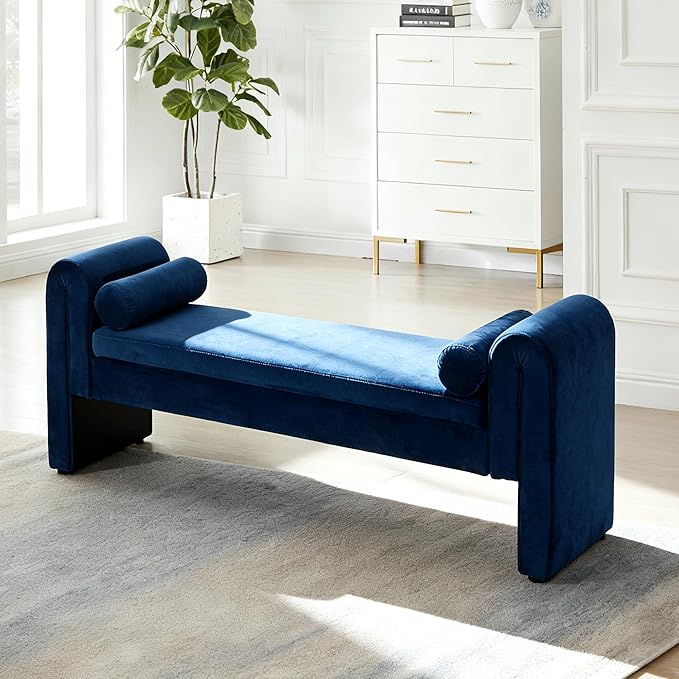 60.5" End of Bed Bench Storage Bench for Bedroom,Soft Velvet Upholstered Ottoman Bench with Rolled Arms, Eentryway Bench with Storage for Living Room,Hallway, Dressing Room (Dark Blue)