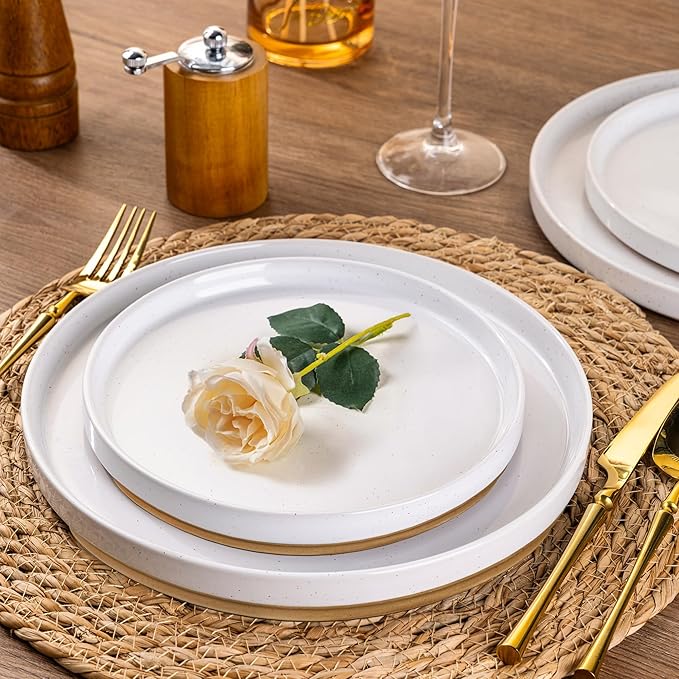 AmorArc Ceramic Dinnerware Set for 6 | Speckled Stoneware Plates and Bowls with Rustic Terracotta Underside| Scratch Resistant,Dishwasher & Microwave Safe Dishes Sets- 18pcs White