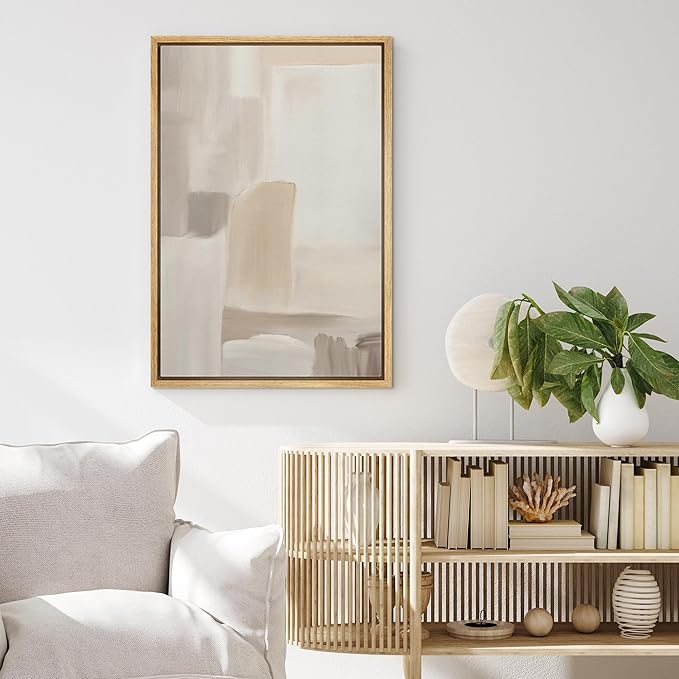 MUDECOR Framed Canvas Print Wall Art Minimalist Neutral Abstract Beige and Taupe Geometric Illustrations Minimalism Decorative Bohemian Colorful Zen for Living Room, Bedroom, Office - 24"x36" NATURAL