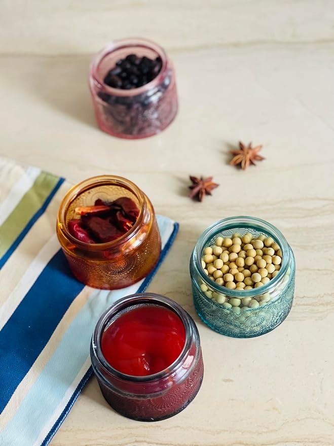 4 oz Colored Mini Glass Jars with Airtight Bamboo Lids 12 pack, Decorative Small Food Storage Canister, Vintage Embossed Home Décor Candle Parties Wedding Baby Shower Favors Gift