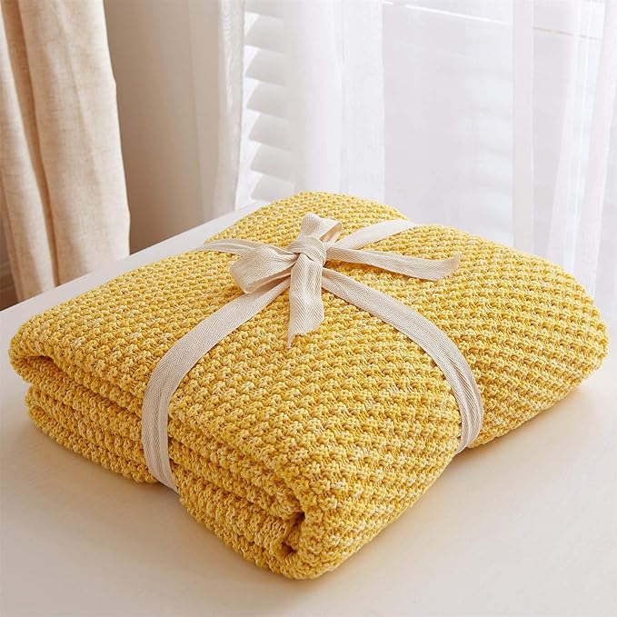 Longhui bedding 100% Cotton Knitted Throw Blanket – Yellow, Soft & Cozy, Machine Washable, 60"x80" – Perfect for Living Room, Couch, Sofa, Bed or Travel