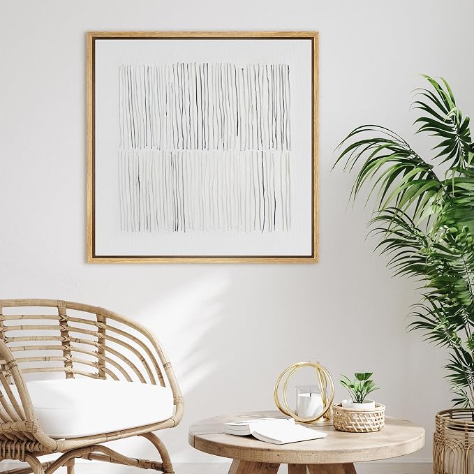SIGNFORD Framed Canvas Print Wall Art Modern Minimal Line Grid Modern Art Relax/Calm Warm for Living Room, Bedroom, Office - 16"x16" NATURAL