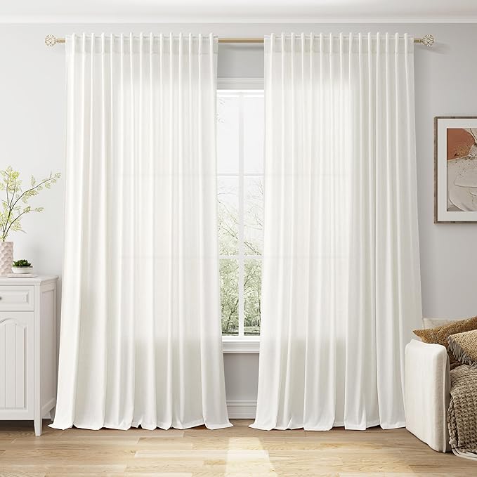 Nanspring Extra Wide Beige White Curtains for Living Room 90 Inches Long Semi Sheer Curtain for Coastal Room Decor Linen Farmhouse Drapes for Bedroom Back Tab and Rod Pocket 100x90, 2 Panels