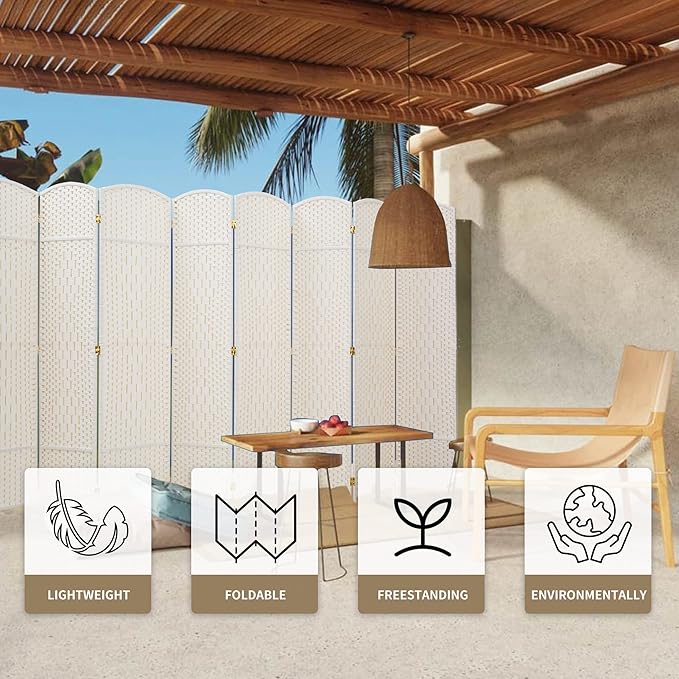 Duraspace 8 Panels Room Divider 6 FT Tall Weave Fiber Privacy Screen Freestanding Double Hinged Folding Screen Extra Wide Room Dividers for Patio Privacy (Off White)