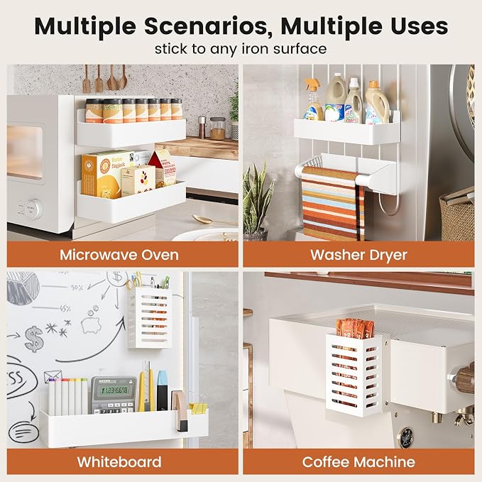 Mystozer Magnetic Spice Rack for Refrigerator,2 Pack Magnetic Shelf and 1Pack Paper Towel Holder and 1 Pack Utensils Rack,Fridge Organizers and Storage White(4 Pack)