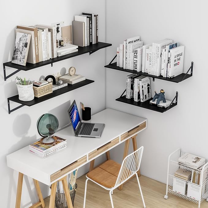 Heimlove Black Deep Floating Shelves for Wall, 48W x 12D Wood Wall Shelves Set of 2, Wide Floating Bookshelf for Living Room, Kitchen, Office, Bedroom and Decor Storage, with Metal Bracket - Black