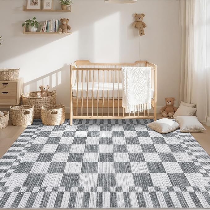 GarveeHome Grey Checkered Rug 6×9 Area Rugs for Living Room，Non-Slip Washable Rug Soft Low-Pile, Modern Farmhouse Geometric Rugs for Bedroom Dining Room