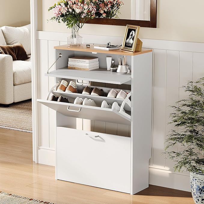 VINGLI Set of 2 Shoe Cabinet Storage for Entryway, Ultra Slim Shoe Organizer with 2 Flip & 1 Drop-Down Drawers, 2-Pack Narrow Shoe Cabinet 24.8" W for Front Door, Freestanding Modern White Shoes Rack