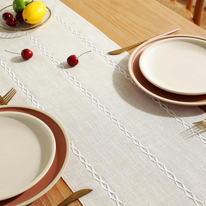 Rustic Farmhouse Style Linen Table Runner, Boho Handmade Fringe Braided Stripe Table Runners 48 Inches Long for Holiday Party, Wedding and Dining Decorations, 13 x 48 inch - Ivory