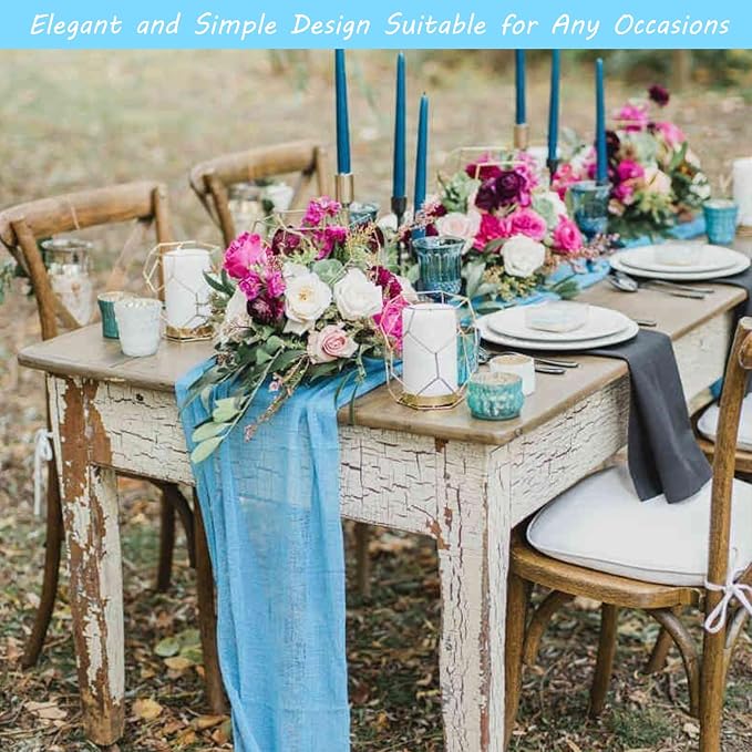 12 Pack Cheesecloth Table Runner 35x72 Inch Boho Gauze Rustic Cheese Cloth Romantic Long Table Runner for Wedding Bridal Shower Birthday Party Table Decor (Baby Blue)