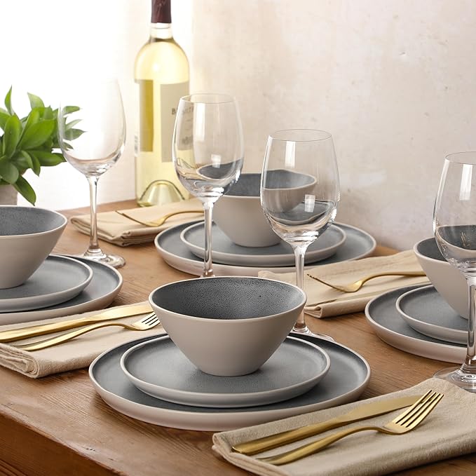 Gibson Elite Coastal Forest Plates and Bowls Sets, 12-Piece Stoneware Dinnerware Sets, Triple Reactive Glaze Dish Set - Grey and Cream White