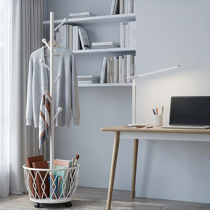 Freestanding Metal Coat Rack Stand with Basket Modern Organizer for Scarf Jacket Hat Bags Ideal for Home Entryway Bedroom Corner Stable and Moveable tree (white)