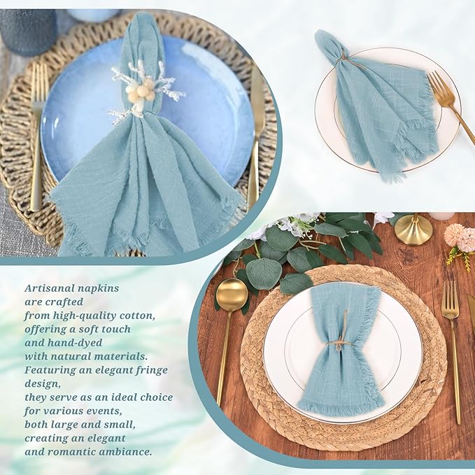 12 Pack Dusty Blue Cloth Napkins Cotton Linen Napkins with Fringe 16 x 16 Inch Soft Handmade Napkins Cloths Delicate Washable Rustic Dinner Napkin Cloths for Wedding Party Dinner Table Decor