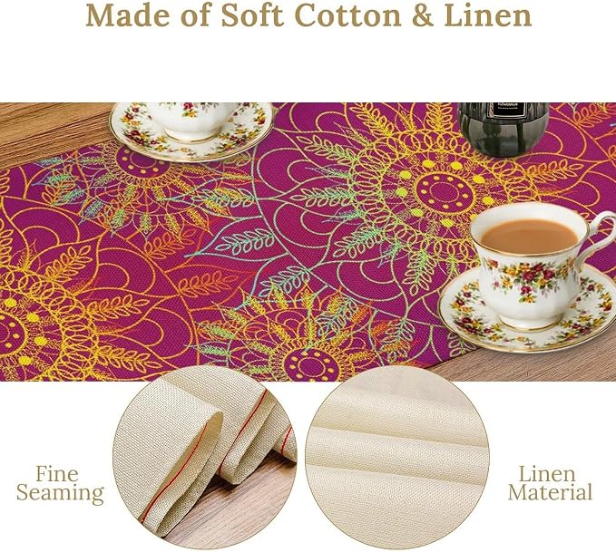 YCness Mandala Table Runner Abstract Colorful Modern Art Golden Purple Kitchen Dining Room Party Holiday Living Room Table Runner, 13x120 Inch