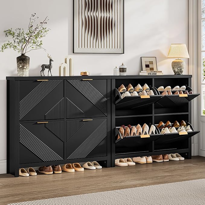 ONBRILL Shoe Cabinet with 4 Flip Drawers, 16-24 Pairs Shoe Organizer with Symmetric Groove Pattern, Freestanding Slim Hidden Shoe Storage Cabinet for Entryway, Hallway (Black)