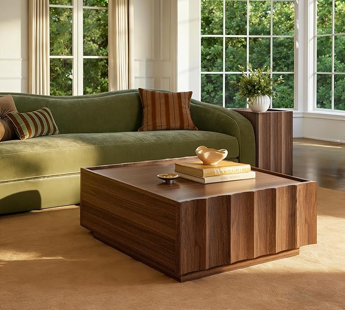 win2win Square Coffee Table with Storage, Mid Century Modern Coffee Table with Wave Design, Wood Grain Finish, Minimalist Center Table with Top-Edge Finger Pull Design for Living Room, Office, Walnut