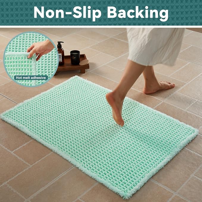Triohero Waffle Bath Mat, Boho Bathroom Rugs Non Slip Washable, Ultra Soft Super Absorbent Quick Dry Farmhouse Bathroom Decor, 24" x 48", Sea Foam Blue