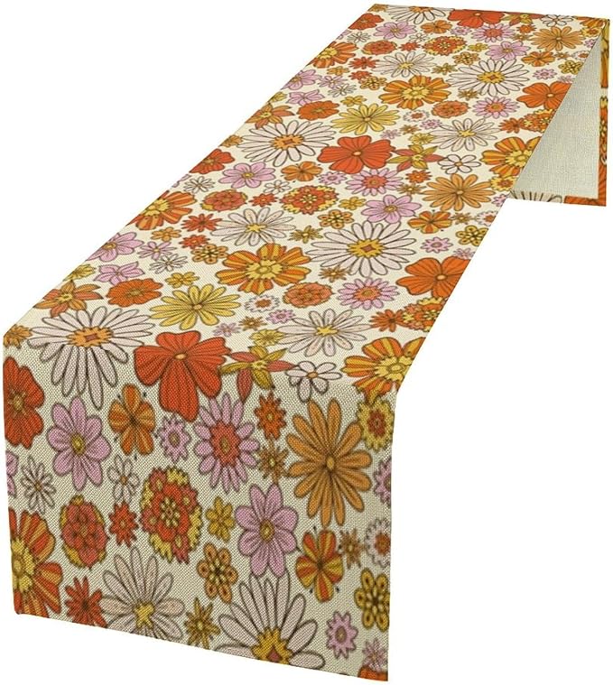 Vintage Floral Table Runner Boho 70s Style Retro Daisies Flower Hippie Groovy Funny Pattern Dinner Runner for Home Kitchen Dining Table Party Decor 13"x36"