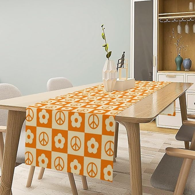 Retro Floral Table Runner 60s 70s Vintage Groovy Hippie Grid Seasonal Spring Farmhouse Country Dinner Runner for Home Kitchen Dining Table Party Holiday Decor 13"x108"