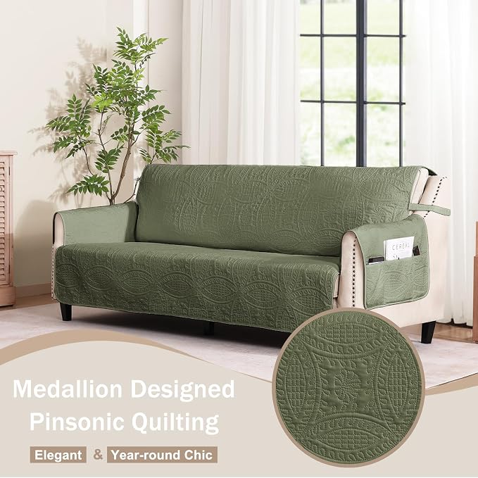 Olive Green Loveseat Covers for 2 Cushion Couch, Water-Repellent Slip Covers for Sofa, Washable Love Seat Quilted Couch Cover, Pet Friendly Loveseat Slipcovers (Loveseat 48", Olive Green)