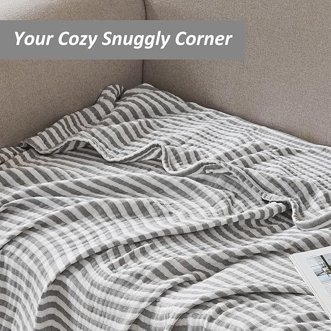 EMME Cotton Muslin King Blanket Bed Layering Bedspread Coverlet Breathable Gauze Soft Lightweight (Striped Grey, 108"x90")