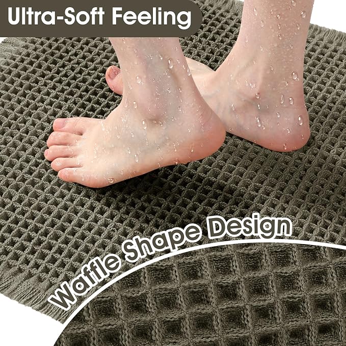 Upgraded Waffle Bath Mat, 36"x24" Greyish Green, Super Absorbent Non-Slip Quick Dry Bathroom Rugs with Tassels, Machine Washable Ultra Soft Boho Bath Rugs for Floor, Toilet Mats Boho Farmhouse Decor