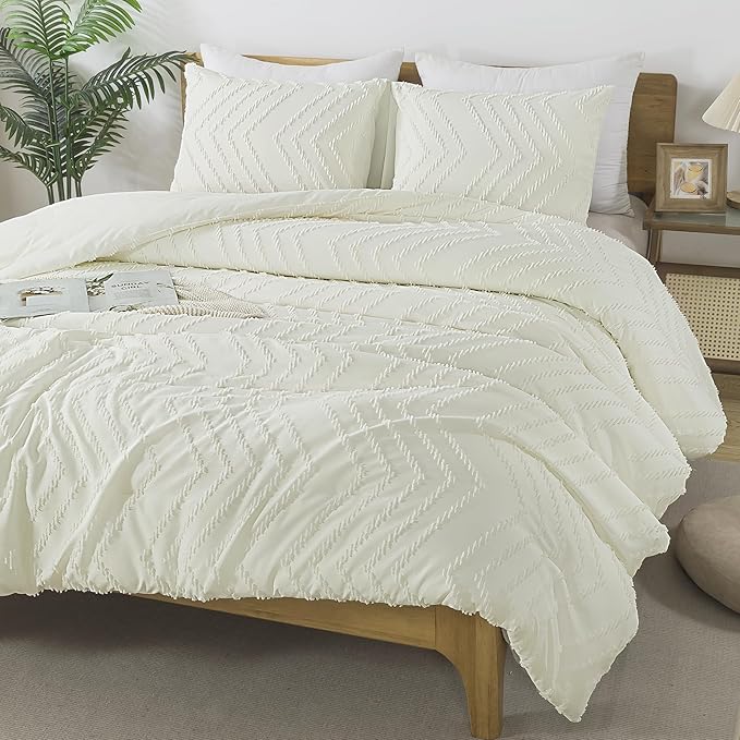 Andency Ivory California King Comforter Set, Boho Cal King Soft Warm Tufted Neutral Bedding Comforter Sets, 3 Pieces Cali King Aesthetic Chevron Farmhouse Cute Bohemian Textured Bedding Set