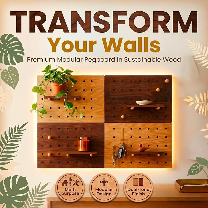 Wooden Pegboard Wall Organizer Kit – Modern Density Wood Peg Board with Shelves & Hooks – 2 Tone Natural & Brown Wood-Look Wall Organizer for Office Setup or Home Decor Storage Rack