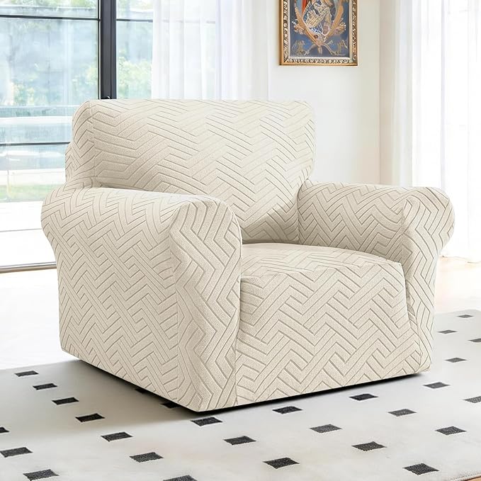 Stretch Sofa Slipcover 1 Piece Couch Sofa Cover,31"-46" Non Slip Soft Couch Sofa Cover Washable Furniture Protector with Non Skid Foam and Elastic Bottom for Kids, Pets,Beige White