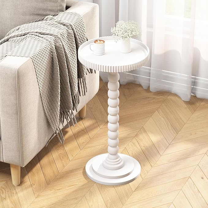 Drink Table，Slot Edge Round Small Side Table for Small Spaces, Round End Tables with Decorative Tray, Pedestal Martini Tables for Living Room, Bedroom, Sofa Couch, Corners (White)