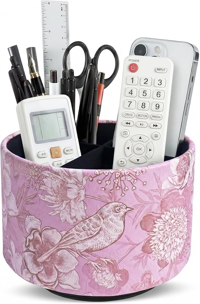 Round Leather Art Supply Organizer,Remote Control Holder,360 Degree Spinning,Multi-Functional Pencil Holder,4 Compartments Desktop Stationary Organizer(1-Purple Bird)