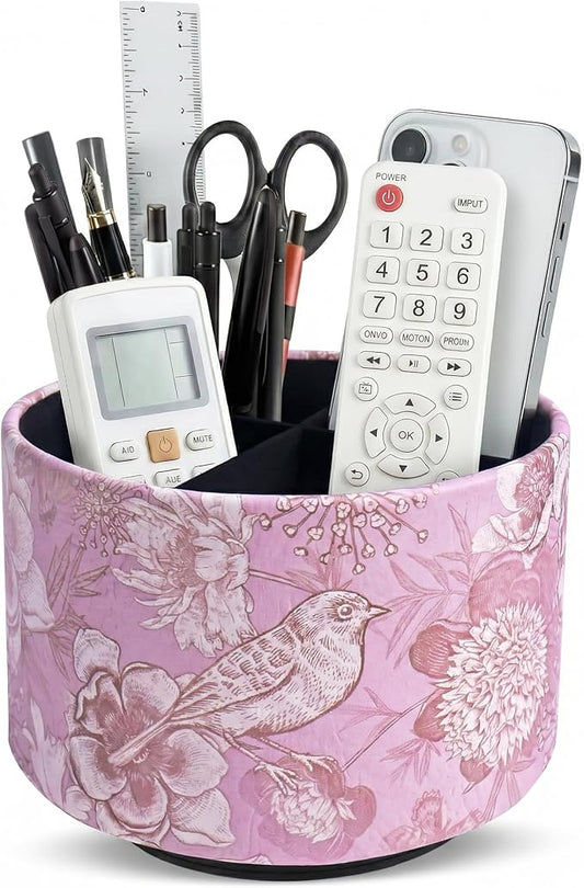 Round Leather Art Supply Organizer,Remote Control Holder,360 Degree Spinning,Multi-Functional Pencil Holder,4 Compartments Desktop Stationary Organizer(1-Purple Bird)
