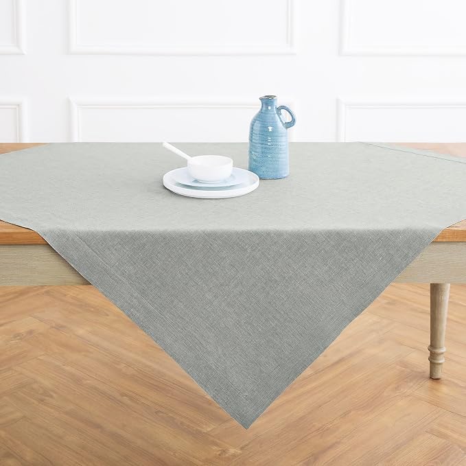 Solino Home Linen Cloth Tablecloth 52 x 52 Inch - 100% Pure Linen Chambray Grey Square Tablecloth - Athena, Machine Washable Table Throw