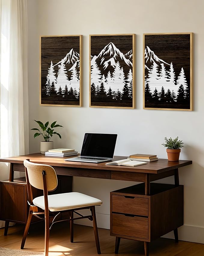 PHOPAGO Mountains Tree Framed Wall Art Large 16x24in Boho Forest Nature Landscape Artwork Paints Morden Country Woodcut Wood Wall Decor Rustic Home Decor - Natural Framed