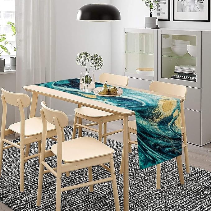 Teal Blue Marble Table Runner,Marble Teal Gold Liquid Luxury Texture Pattern Table Runner for Coffee Table Dining Room Table Bedroom Party Holiday Decor 13x108inch