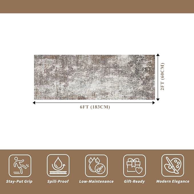 2x6 Runner Rug Non-Slip Washable for Kitchen Hallway - Modern Abstract Neutral Carpet Runner for Bedroom Bedside Laundry Room Entryway – Soft Low-Pile Stain-Resistant (Brown Beige, 2x6)