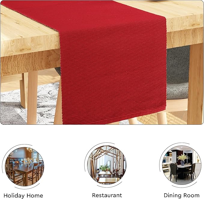 Encasa XO Dining Table Runner 13"x98" | Yarn Dyed Fine Ribbed Cotton | Solid Red | Machine Washable