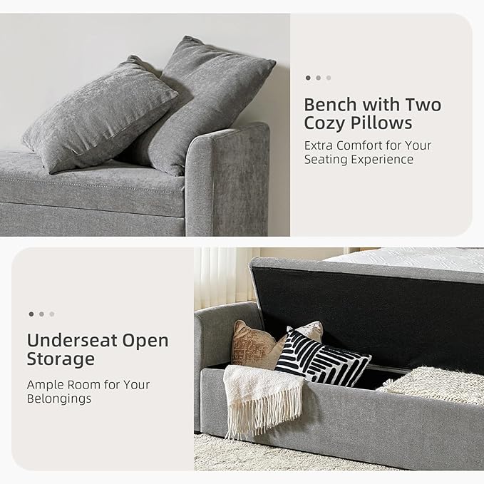 EcoHarbor Storage Ottoman Bench with Pillows, 59.4" End of Bed Bedroom Bench with Arms, Footrest Stool for Living, Dining Room, Entryway and Hallway, Grey