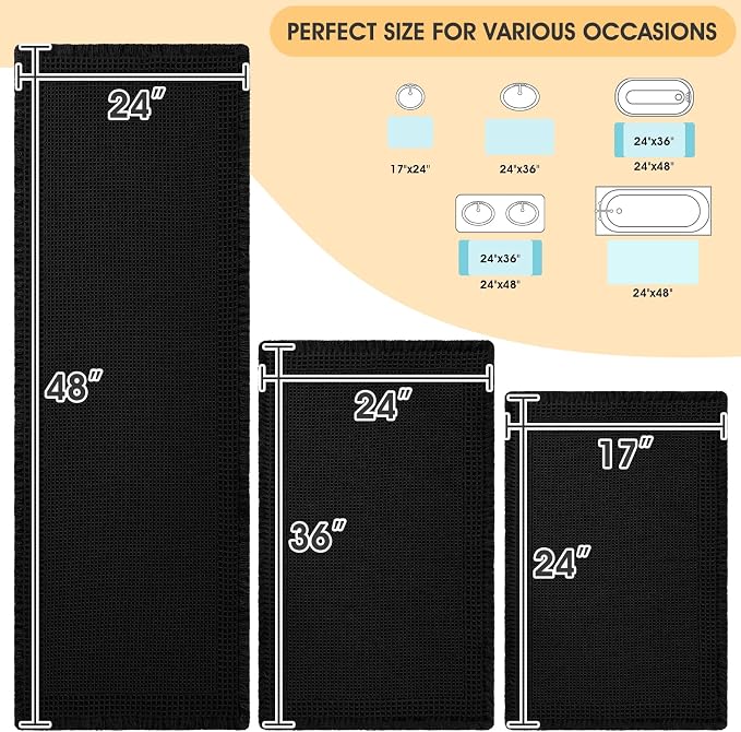 Upgrade Waffle Bath Mat Set 3 Piece, Boho Bathroom Rugs Absorbent Non Slip, Ultra Soft Bathroom Mat, Machine Washable Knit Bath Rugs with Border for Bathroom, Bedroom, Kitchen, Shower, Tub, Black