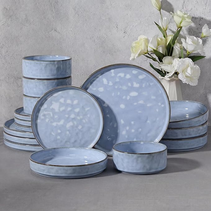 E-far 16-Piece Plates and Bowls Sets with Pasta Bowls - Stoneware Dinnerware Set for 4, Modern Ribbed Dishes, Microwave & Dishwasher Safe, Reactive Blue