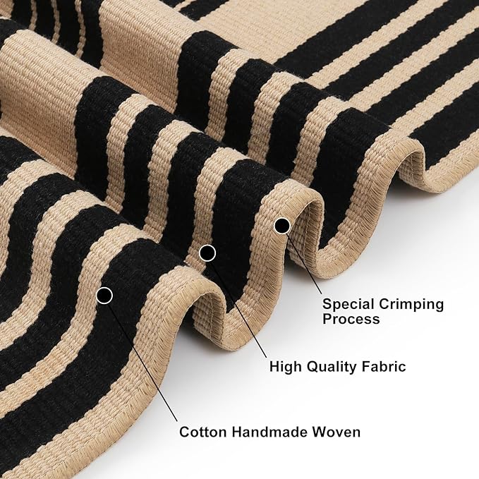 KIMODE Front Door Mats 24"x51", Black and Khaki Striped Layered Door Mats Outdoor,Machine Washable Farmhouse Front Porch Rug Decor Cotton Hand Woven Entryway Rug for Doorway