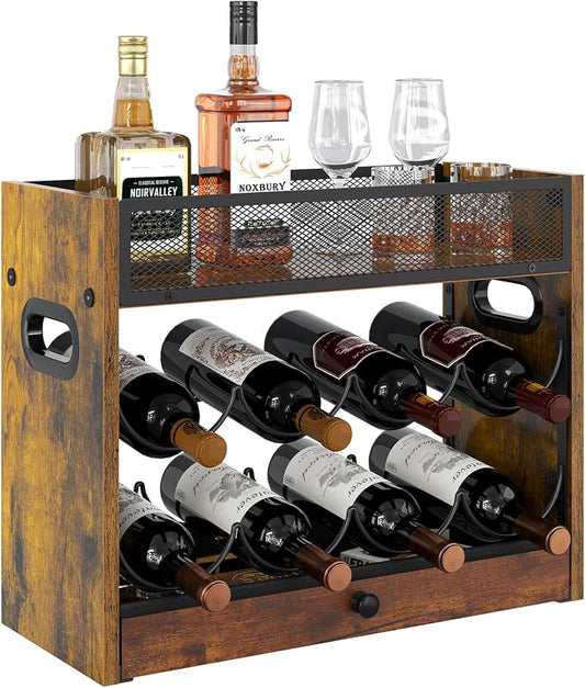 3-Tier Countertop Wine Rack, Coffee Syrup Rack Organizer With Drawer for Coffee Bar, Tabletop Liquor Bottle Display Shelf for Home Kitchens, Restaurants and Bar Counters, Holds up to 18 Bottles