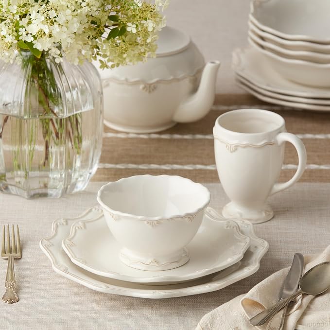 Heritage Beads 16pc Stoneware Dinnerware Set – Classic Cream White Plates, Bowls & Mugs with Raised Bead Accents – Elegant Vintage-Inspired Tableware, Service for 4, Dishwasher Safe