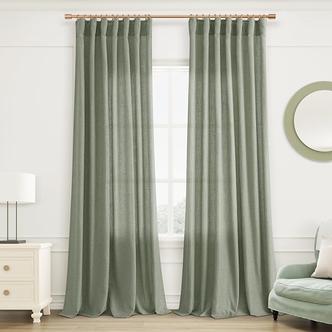 Joywell Sage Green Linen Curtains 96 Inches Long for Living Room Soft Linen Window Drapes Semi Sheer Light Filtering Back Tab Rod Pocket Pleated Spring Sage Green Room Decor Set of 2 Panels 52x96