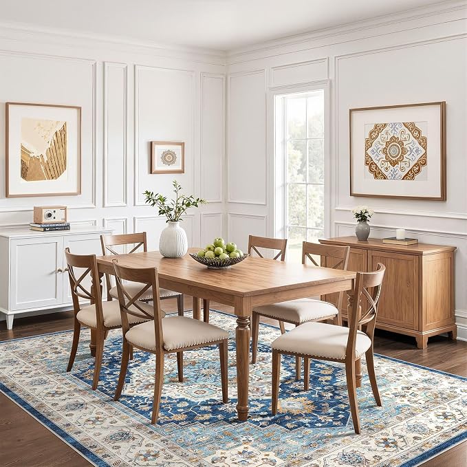 8x10 Area Rugs Living Room: Washable Boho Large Neutral Vintage Soft Rugs Stain Resistant Farmhouse Non-Slip Indoor Floor Retro Carpet for Bedroom Nursery Kids Office Dining Room- Navy Beige