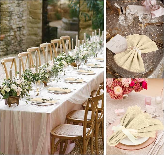 60 Packs Beige Napkins 16x16 Inch, Cotton Linen Handmade Cloth Napkins Bulk with Fringe - Soft Rustic Boho Napkins for Wedding, Party, Christmas Event Dinner Birthday Table Decor