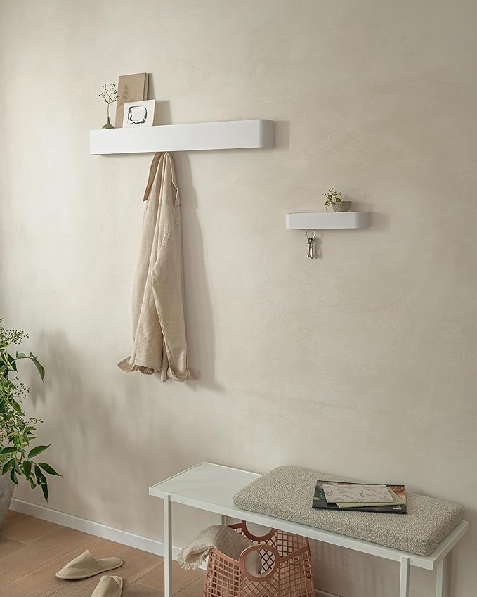 Kazai. Coat Rack Wall Mount with Shelf 'Tone' | Modern Design Coat Hanger with Hidden Hooks and Storage | Hat Rack with Shelf in Metal | Wall-Mounted Purse Organizer | White